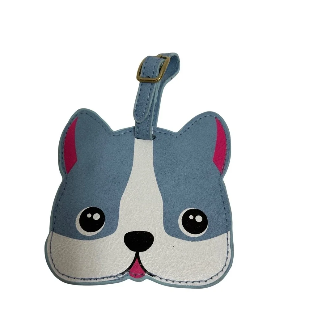 Blue French Bulldog Luggage Tag Faux Leather Puppy Dog Face Travel Bag ID Blue